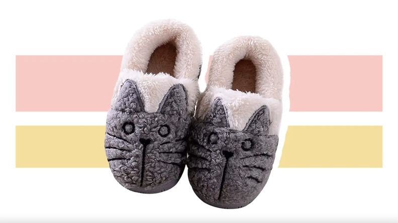 Pair of cat-themed furry slippers.