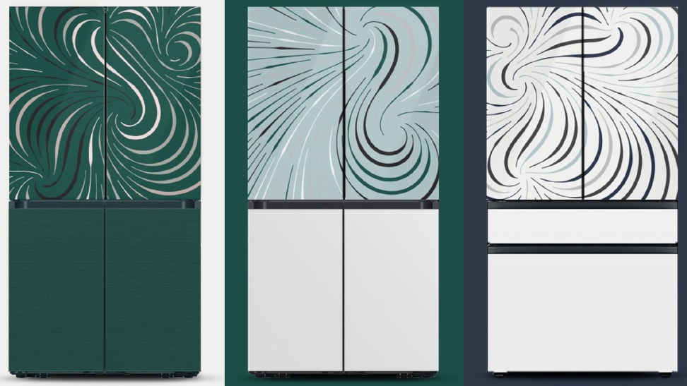Three new Samsung Bespoke fridges, showcasing Samsung's new Bespoke fridges allow users to upload any image they want to create custom panels, or use generative art designed by Matt Jacobson's generative designs.