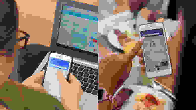 A split image shows two different nutrition apps being used on smartphones: Noom and Weight Watchers.
