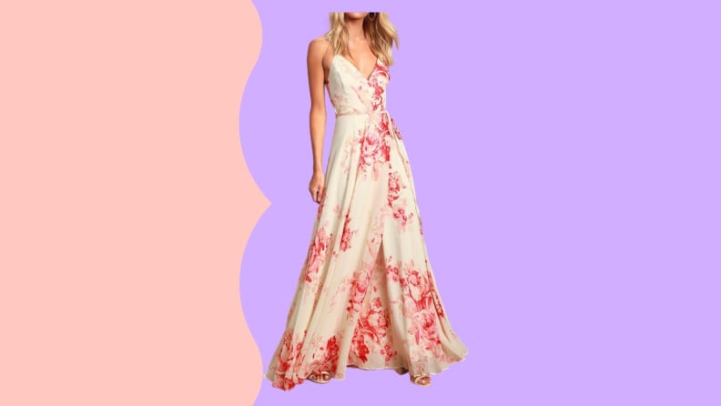 A sleeveless floral wedding dress.