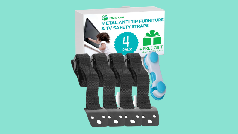 A 4-pack of Family Care Metal Anti Tip Furniture Straps on a teal background.