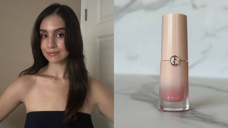 Portrait of a woman and a tube of Armani liquid blush against a marbled background.