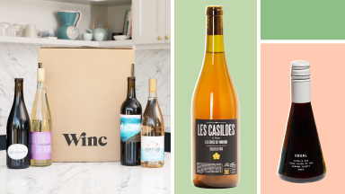 Left: Winc box on counter surrounded by wine bottles. Right: bottle of red and white wine on colorful background