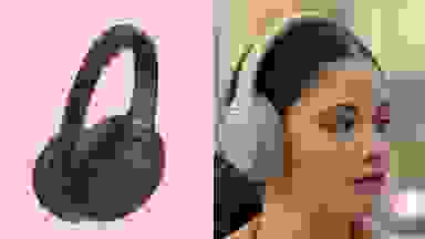 A pair of Sony WH-1000XM4 headphones in front of a colored background next to a woman wearing the same headphones.