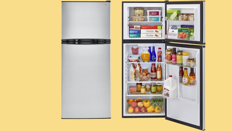 Two images of the Haier HA10TG21SS top-freezer refrigerator, one with its door closed and the other with its door open, showcasing a fully-stocked interior.