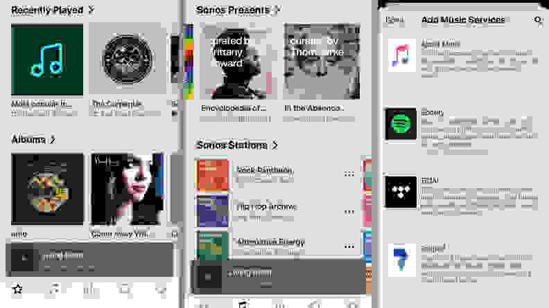 Three screenshots of Sonos app