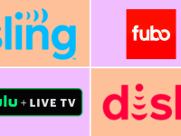 An image of the Sling, Hulu + LiveTV, Dish, and FuboTV logos.