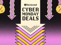 An illustration of a large down arrow on a black and pink background with the words Reviewed Cyber Monday Deals at the center and discount symbols on the sides.