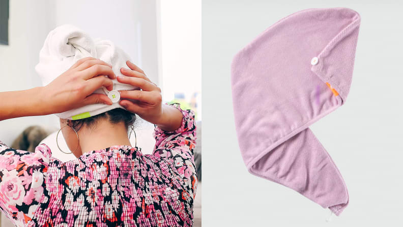 On the left: A person wearing a floral blouse wraps the Aquis Lisse Luxe Hair Turban around their wet hair. On the right: A pink Aquis microfiber towel lays on a gray background and is folded in half to show the button and loop attachments.