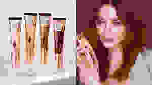 On the left: Four squeeze tube bottles of foundation in different shades stand in a line. On the right: Actress Phoebe Dynevor smiling at the camera and holding a squeeze tube of foundation.