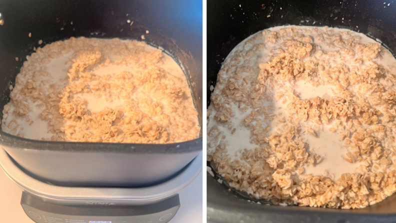 Partially cooked oats and milk inside of the Ninja Foodi PossibleCooker's 6-quart pot.