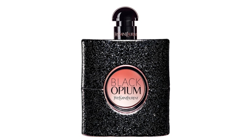 Black/pink perfume bottle on white background