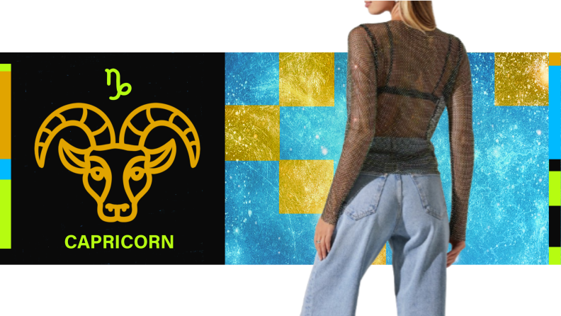 On the left is the symbol for Capricorn, and on the right is a model wearing a crystal-embellished top.