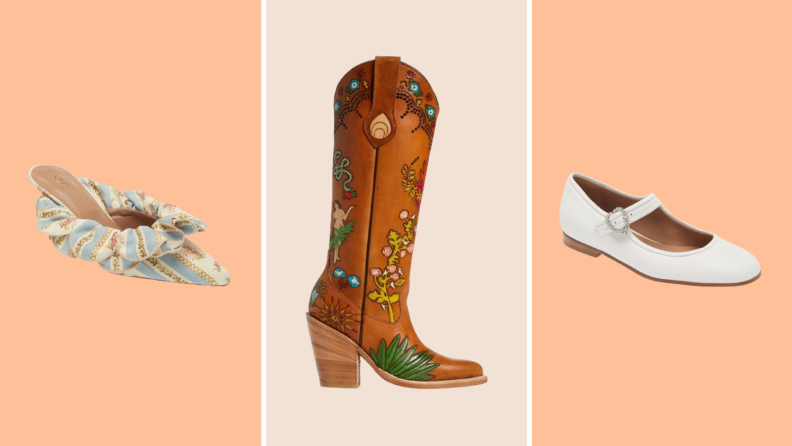 Collage image of a mule shoe made from printed fabric, a brown cowboy boot with emblems painted onto it, and a white Mary Jane she.