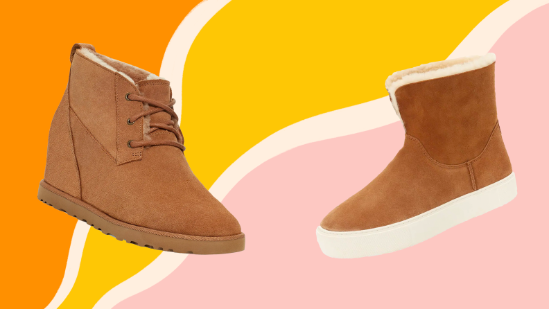 Two tan UGG boots against a colorful background.