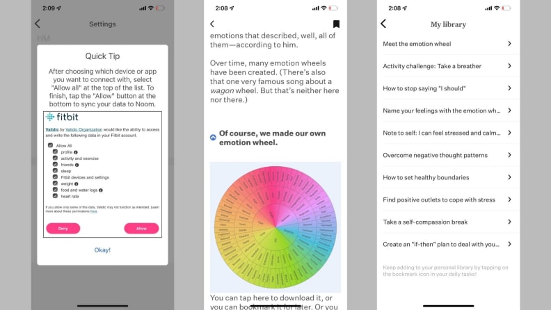 Three screenshots: data permissions for Fitbit, a mood wheel, and saved articles in the app