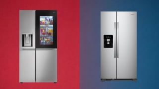 LG and Whirlpool refrigerators side by side on a two-toned background
