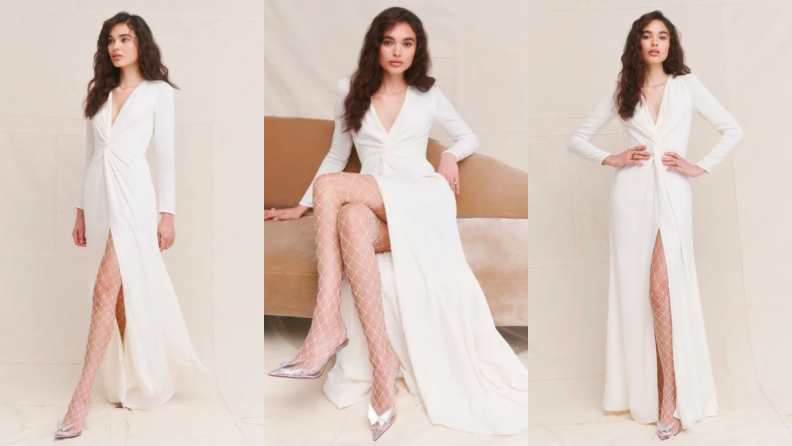 Three images of a bride in a white wedding gown.