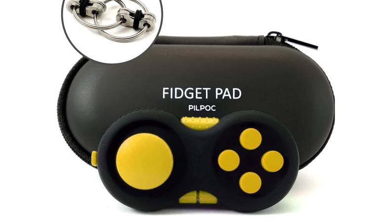 A black and yellow handheld controller used for fidgeting.