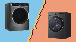 Electrolux ELFW7637AT and LG WM6700HBA Front-Load Washing Machines on a torn paper background.