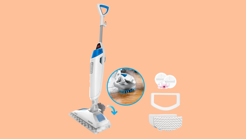 Bissell steam mop against a peach background