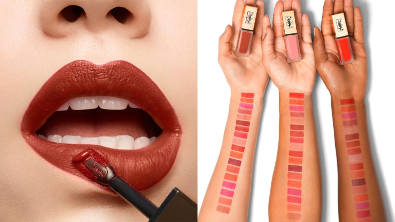On the left: A closeup of a person's lips wearing a red Yves Saint Laurent Tatouage Couture Liquid Matte Lip Stain with the applicator on their lips applying the color. On the right: Three arms of different skin tones displaying swatches of all of the Yves Saint Laurent Tatouage Couture Liquid Matte Lip Stain colors.