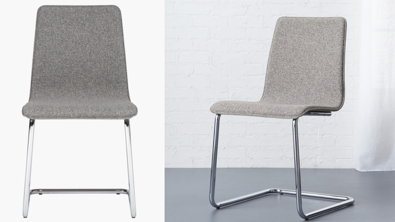 Front and side view of gray, tweed chair.