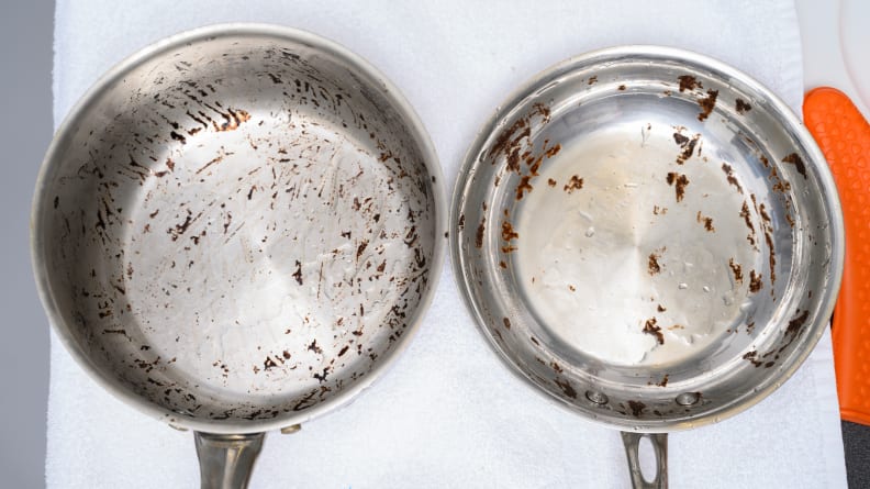The pot with the tomato sauce stain (left) and the skillet with the brownie stain (right) soaked for 4 hours, and were then lightly hand-scrubbed.