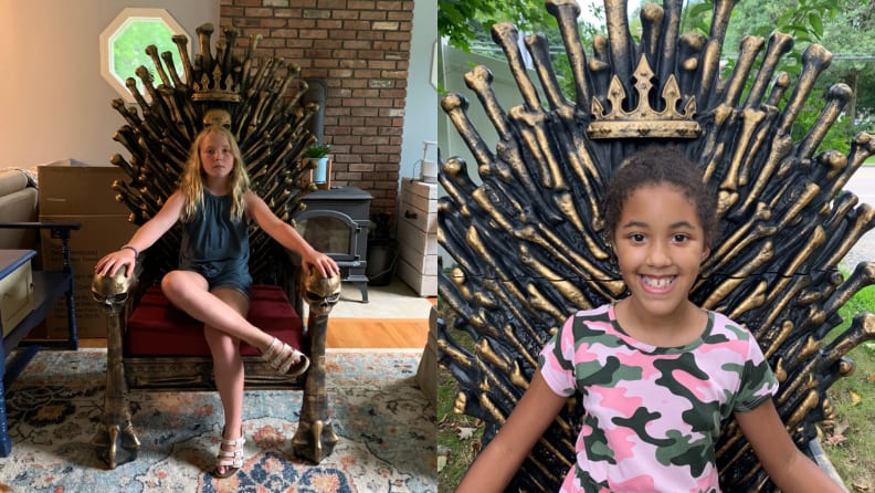 On left, young child sitting on Bone Throne chair indoors. On right, young child smiling while sitting on Bone Throne.