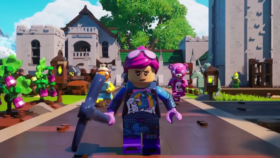 A team of players in Lego Fortnite led by a pink-haired girl with a pickaxe.