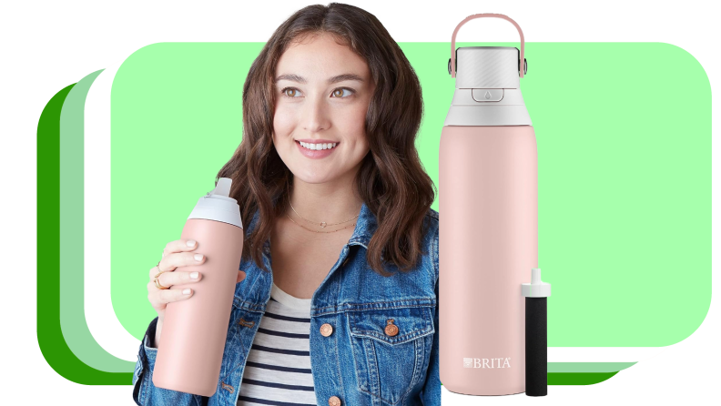 Person smiling while holding pink Brita reusable water bottle next to product shot of the pink Brita BB11 and slim, black filter.