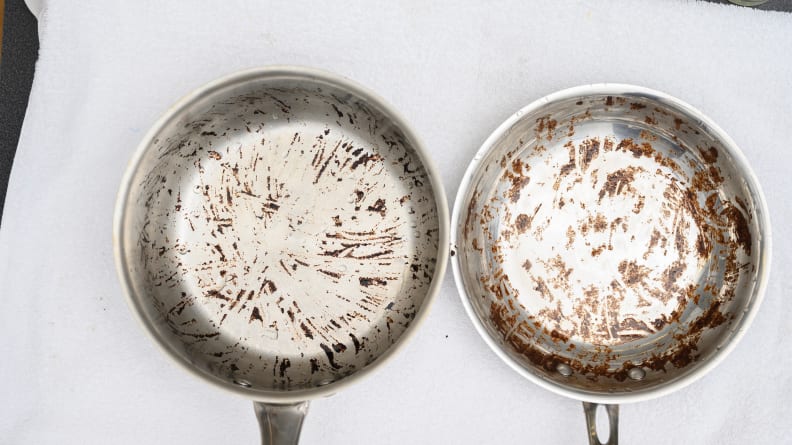 The pot with the tomato sauce stain (left) and the skillet with the brownie stain (right) soaked for 3 hours, and were then lightly hand-scrubbed.