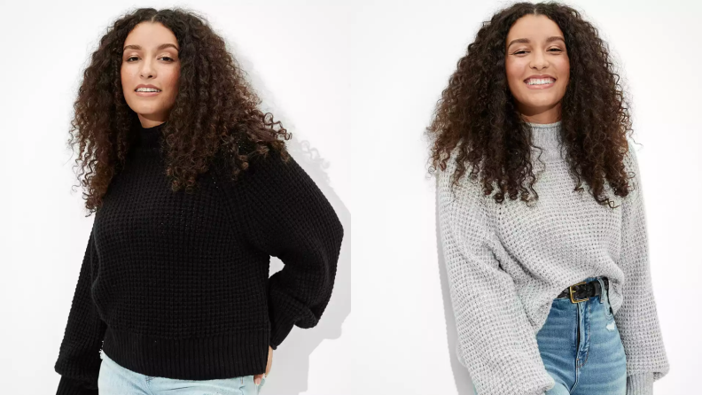 Two images of a mock neck sweater. The first image features a woman wearing the sweater in black, the second features the same woman in the sweater in gray.