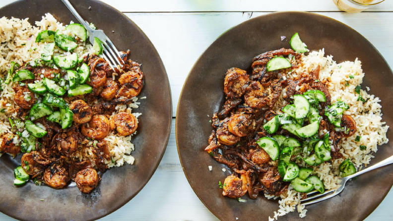 Coconut shrimp masala with basmati pilaf and cucumber salad