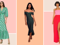 Collage images of a chevron green gown, a green off-the-shoulder midi dress, and a red and pink gown.