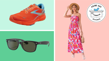 A bright orange sneaker, a pair of black Ray-ban Wayfarer sunglasses, and a model wearing a pink floral printed dress.
