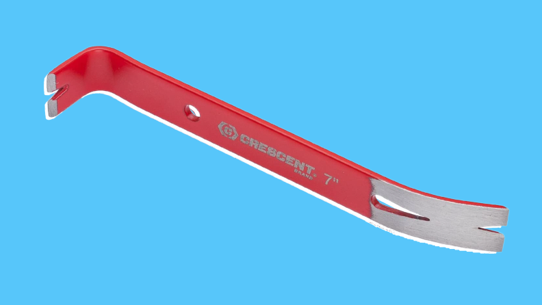 Product shot of a metal, red and gray crowbar from Crescent.