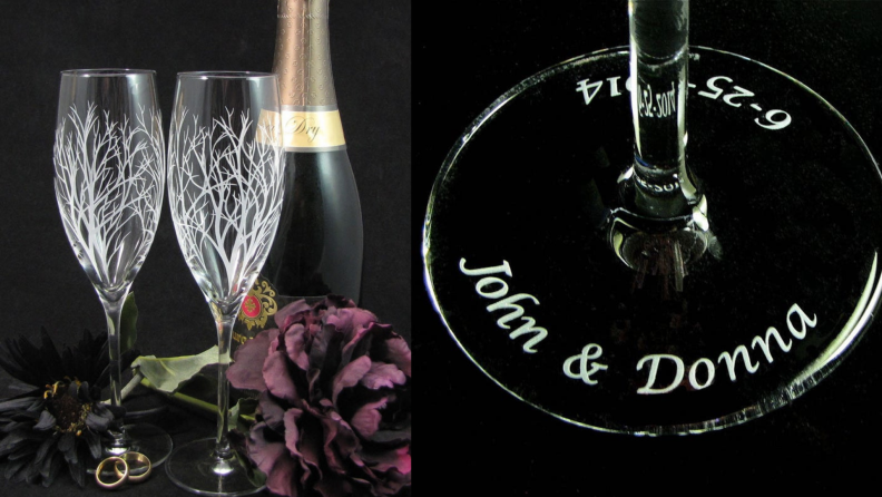 On left, two champagne flutes next to wine bottle. On right, bottle of wine glass with two names etched into it.