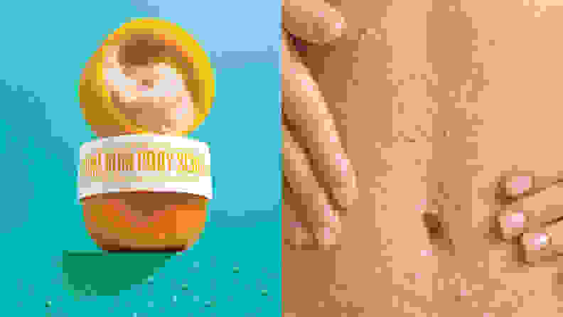 On the left: An yellow jar of body scrub with another jar stacked on top and facing outward uncapped to reveal a scrub. On the right: A closeup on someone's stomach with body scrub on it.