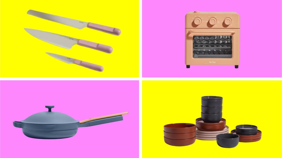 A collection of Our Place cookware in front of colored backgrounds.