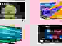 由四台电视组成的网格，背景分别为灰色和粉色。左上方是LG OLED，右上方是海信LED，右下方是TCL，左下方是三星QLED。