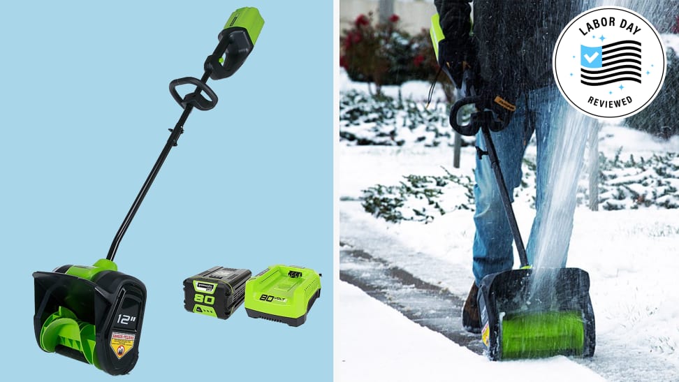 Greenworks electric snow shovel and battery on blue background next to image of someone using the shovel outside.