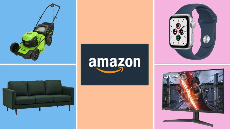 A Greenworks green push mower in the upper left against a blue background. A blue Rivet couch in the bottom left against a blue background. An LG television displaying the Amazon logo against an orange background. An Apple Watch against a purple background in the upper right. An LG Monitor in the lower right against a purple background.