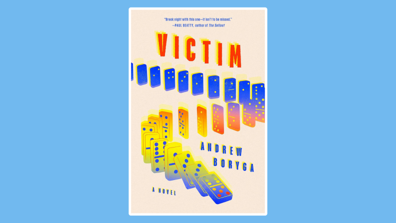 A blue background with the cover of the book 'Victim' placed on it.