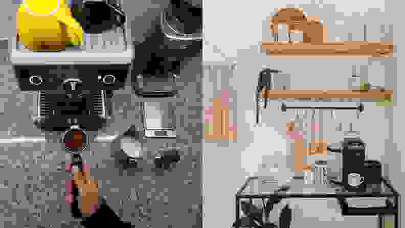 Left: person holding espresso machine piece in front of coffee appliances. Right: coffee bar equipped with accessories in a home