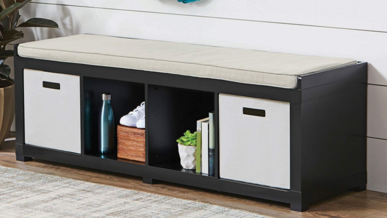 A four-cube organizer storage bench is a great addition to a mudroom—you can sit on it and store your shoes in it.