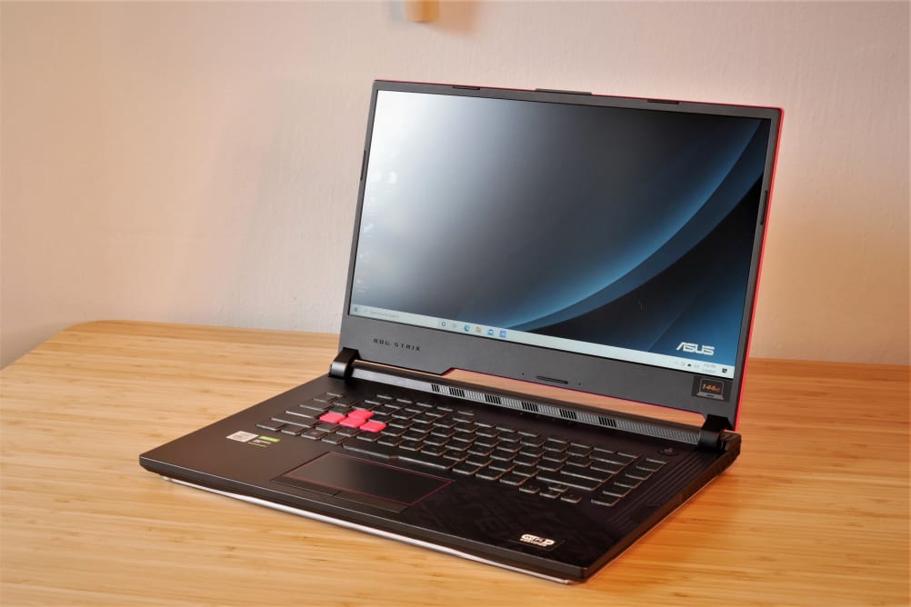 The Asus ROG Strix G512LI shown from the front with display open