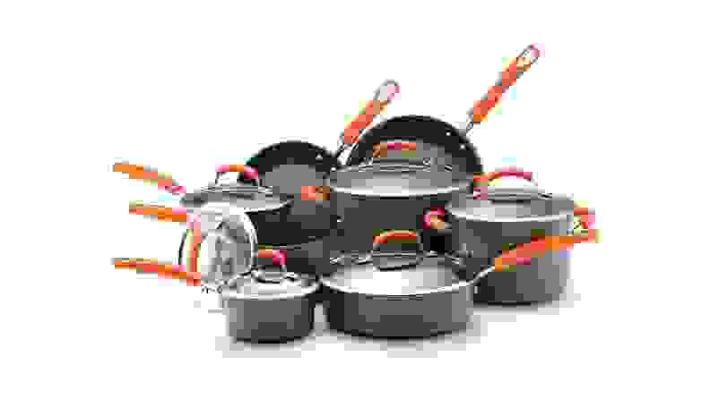 Rachael Ray's 14-piece nonstick cookware set arranged against a white background.