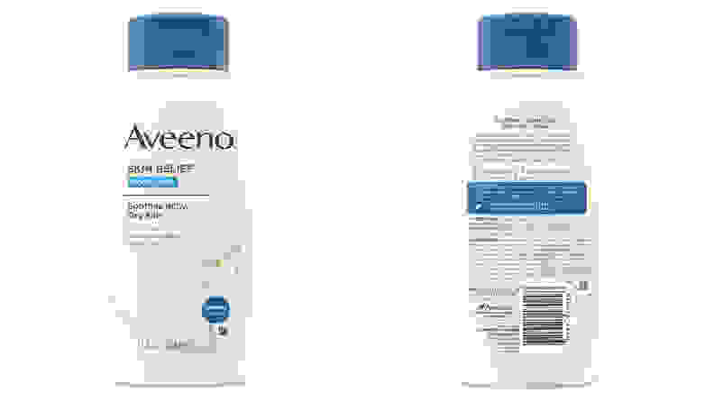 Aveeno保湿型肌肤洗涤的前部和背面的图像，用于干燥和敏感的皮肤。