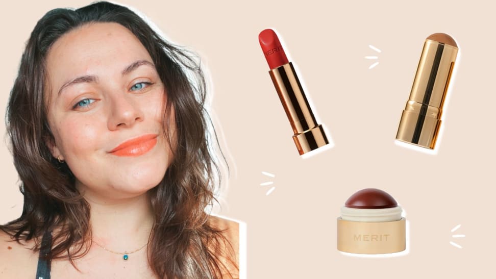 On the left: A person with long brown hair wears a coral lipstick and smiles at the camera. On the right: Three makeup products in gold packaging.